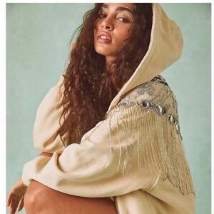 NWT Free People Glitz Cardi Jacket Zip Up Beaded Hood Embellished Fringe